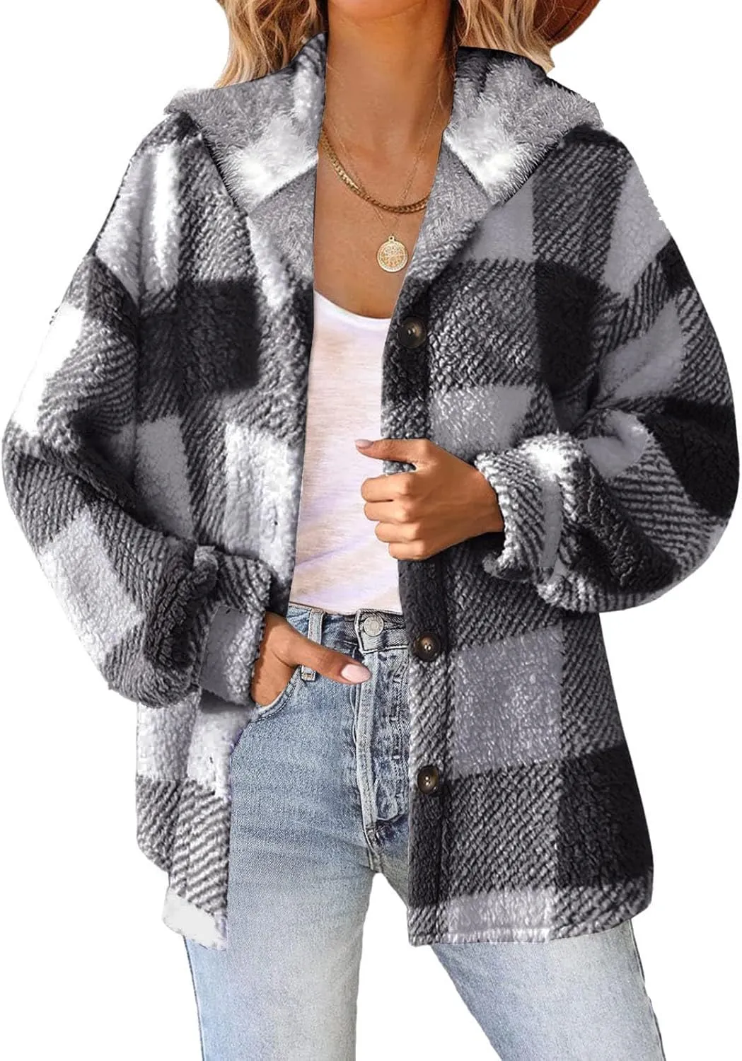 Womens Fuzzy Flannel Jacket Fall Fashion Sherpa Lined Plaid Shacket Jacket Long Sleeve Button Down Fleece Hoodies 