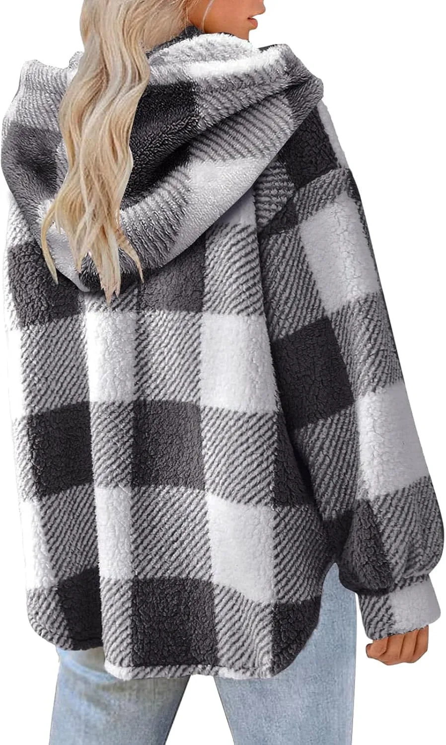 Womens Fuzzy Flannel Jacket Fall Fashion Sherpa Lined Plaid Shacket Jacket Long Sleeve Button Down Fleece Hoodies 