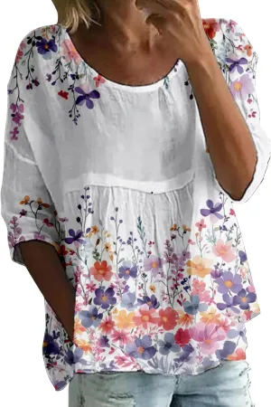 Womens Peasant Boho Tunic Tops 2025 Floral Printed 3/4 Length Sleeve Casual Loose Fit Summer Flowy Babydoll Blouses