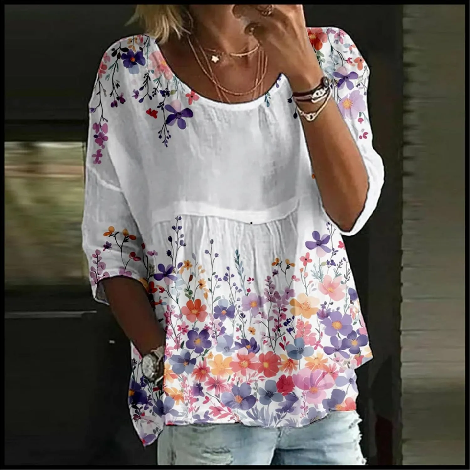 Womens Peasant Boho Tunic Tops 2025 Floral Printed 3/4 Length Sleeve Casual Loose Fit Summer Flowy Babydoll Blouses