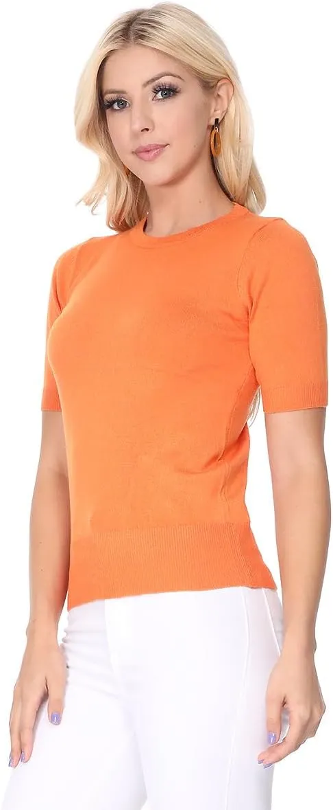 YEMAK Women's Knit Sweater Top  Half Sleeve Crewneck Basic Casual Classic Fit Lightweight Knitted Soft Pullover Tee