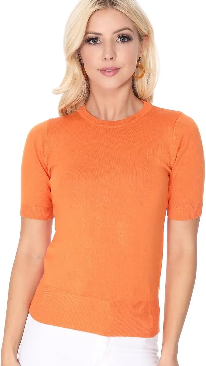 YEMAK Women's Knit Sweater Top  Half Sleeve Crewneck Basic Casual Classic Fit Lightweight Knitted Soft Pullover Tee