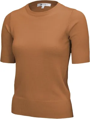 YEMAK Women's Knit Sweater Top  Half Sleeve Crewneck Basic Casual Classic Fit Lightweight Knitted Soft Pullover Tee